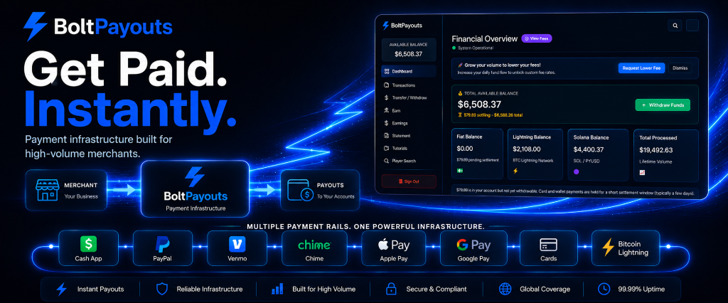 BoltPayouts — Get Paid Instantly. Payment infrastructure built for high-volume merchants.